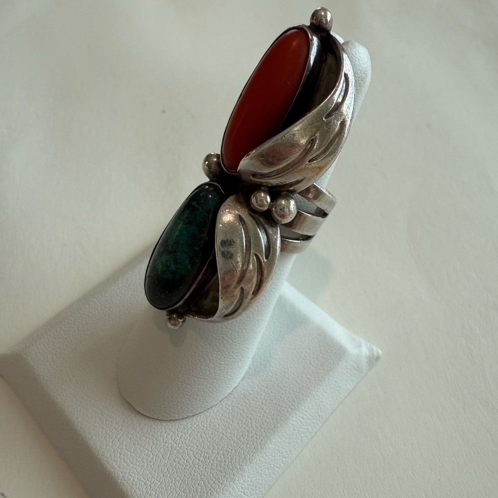 Tony Sanchez Handmade Sterling Silver Turquoise & Coral Leaf Ring Size 5.5 - Picture 3 of 7